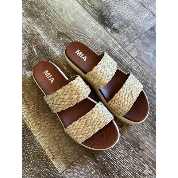 MIA Shoes - MIA BEIGE Woven Platform Double Strap Slip On Sandals SIZE 7.5 Straw Summer